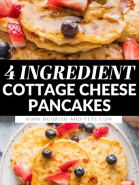 These super simple Cottage Cheese Pancakes use just 4 ingredients to make a delicious, satisfying breakfast — or breakfast for dinner! These are one of my favorite ways to get a high-protein meal into my kids, and they reheat beautifully, too.