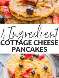 These super simple Cottage Cheese Pancakes use just 4 ingredients to make a delicious, satisfying breakfast — or breakfast for dinner! These are one of my favorite ways to get a high-protein meal into my kids, and they reheat beautifully, too.