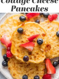 These super simple Cottage Cheese Pancakes use just 4 ingredients to make a delicious, satisfying breakfast — or breakfast for dinner! These are one of my favorite ways to get a high-protein meal into my kids, and they reheat beautifully, too.