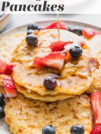 These super simple Cottage Cheese Pancakes use just 4 ingredients to make a delicious, satisfying breakfast — or breakfast for dinner! These are one of my favorite ways to get a high-protein meal into my kids, and they reheat beautifully, too.