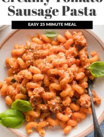 With a delicious light cream sauce, this Creamy Tomato Sausage Pasta is a winner for all seasons and easy to get on the table in about 25 minutes. We all love how the flavorful sauce clings to nubby pasta shapes, and I especially love how quick and easy this is to whip up after a busy day.