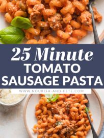 With a delicious light cream sauce, this Creamy Tomato Sausage Pasta is a winner for all seasons and easy to get on the table in about 25 minutes. We all love how the flavorful sauce clings to nubby pasta shapes, and I especially love how quick and easy this is to whip up after a busy day.