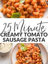 With a delicious light cream sauce, this Creamy Tomato Sausage Pasta is a winner for all seasons and easy to get on the table in about 25 minutes. We all love how the flavorful sauce clings to nubby pasta shapes, and I especially love how quick and easy this is to whip up after a busy day.
