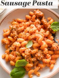 With a delicious light cream sauce, this Creamy Tomato Sausage Pasta is a winner for all seasons and easy to get on the table in about 25 minutes. We all love how the flavorful sauce clings to nubby pasta shapes, and I especially love how quick and easy this is to whip up after a busy day.