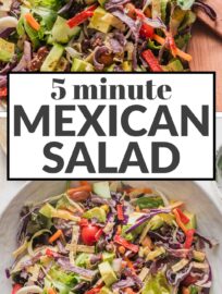 This easy Mexican salad is my go-to for rounding out taco or enchilada dinners in the tastiest, most nutritious way! It's a simple mix of greens, vibrant salad veggies, creamy avocado, crunchy tortilla strips, and a no-fuss oregano red wine vinaigrette that pulls it all together. I love that with this on the menu, I can count on craving more salad!