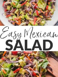 This easy Mexican salad is my go-to for rounding out taco or enchilada dinners in the tastiest, most nutritious way! It's a simple mix of greens, vibrant salad veggies, creamy avocado, crunchy tortilla strips, and a no-fuss oregano red wine vinaigrette that pulls it all together. I love that with this on the menu, I can count on craving more salad!