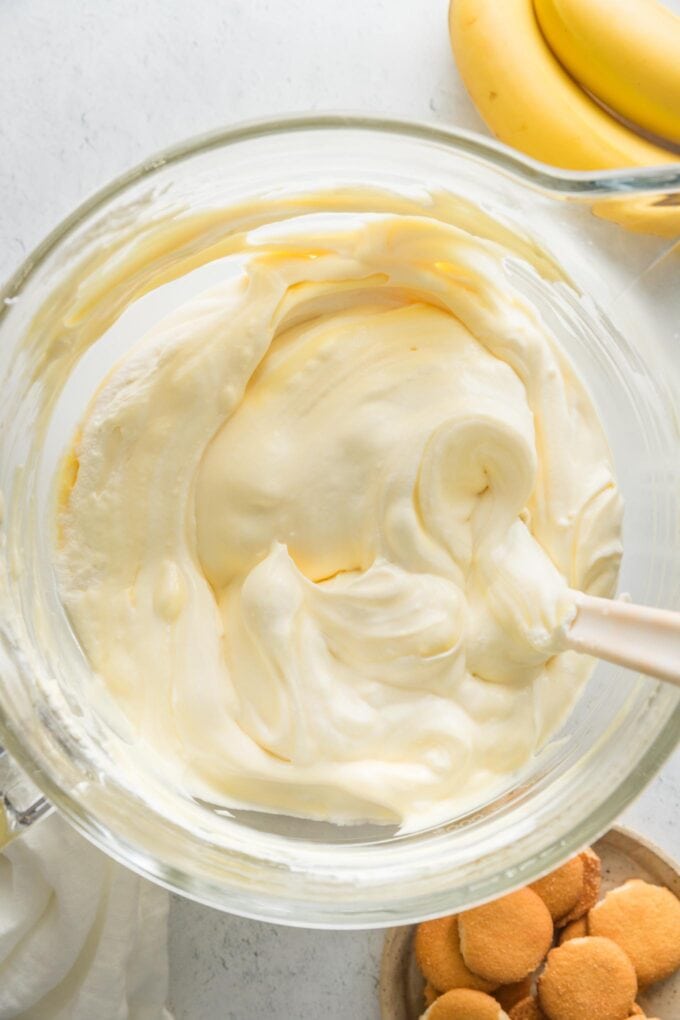 Mostly smooth pudding-cream mixture ready to make into banana pudding desserts.