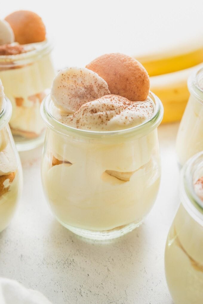 Side view of an individually-portioned banana pudding.
