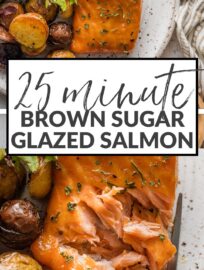 Brown Sugar Glazed Salmon is a super easy and delicious way to prepare this heart-healthy protein. A two-ingredient glaze keeps the salmon tender and infuses it with the most enticing sweet tang. This just may convince the salmon skeptic in your life to give it a try!