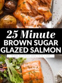 Brown Sugar Glazed Salmon is a super easy and delicious way to prepare this heart-healthy protein. A two-ingredient glaze keeps the salmon tender and infuses it with the most enticing sweet tang. This just may convince the salmon skeptic in your life to give it a try!