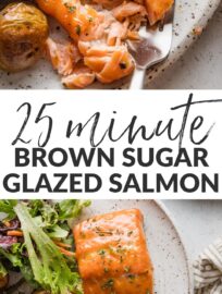 Brown Sugar Glazed Salmon is a super easy and delicious way to prepare this heart-healthy protein. A two-ingredient glaze keeps the salmon tender and infuses it with the most enticing sweet tang. This just may convince the salmon skeptic in your life to give it a try!