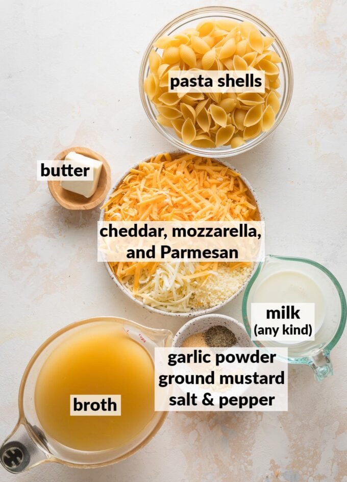 Labeled overhead photo of small uncooked pasta shells; shredded cheddar, mozzarella, and Parmesan cheese; milk; chicken broth; garlic powder, ground mustard, salt, and pepper; and butter, all in prep bowls and ready to combine into mac and cheese.