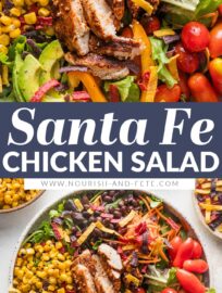 This delicious and veggie-packed Santa Fe Chicken Salad makes a phenomenal lunch or dinner. It's full of tender, taco-seasoned chicken breasts, crisp greens, creamy avocado, hearty black beans, and an array of vibrant veggies, all dressed with the simplest yet most delicious Mexican-inspired vinaigrette.