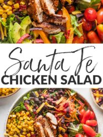 This delicious and veggie-packed Santa Fe Chicken Salad makes a phenomenal lunch or dinner. It's full of tender, taco-seasoned chicken breasts, crisp greens, creamy avocado, hearty black beans, and an array of vibrant veggies, all dressed with the simplest yet most delicious Mexican-inspired vinaigrette.