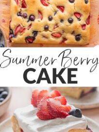 Whip up this Strawberry Blueberry Cake in a flash for a delicious summer dessert. We all love the tender, sweet cake studded with fresh berries -- and I love mixing up the batter by hand in one bowl. Slice and serve with a simple topping of powdered sugar or whipped cream, then dig in.