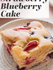 Whip up this Strawberry Blueberry Cake in a flash for a delicious summer dessert. We all love the tender, sweet cake studded with fresh berries -- and I love mixing up the batter by hand in one bowl. Slice and serve with a simple topping of powdered sugar or whipped cream, then dig in.