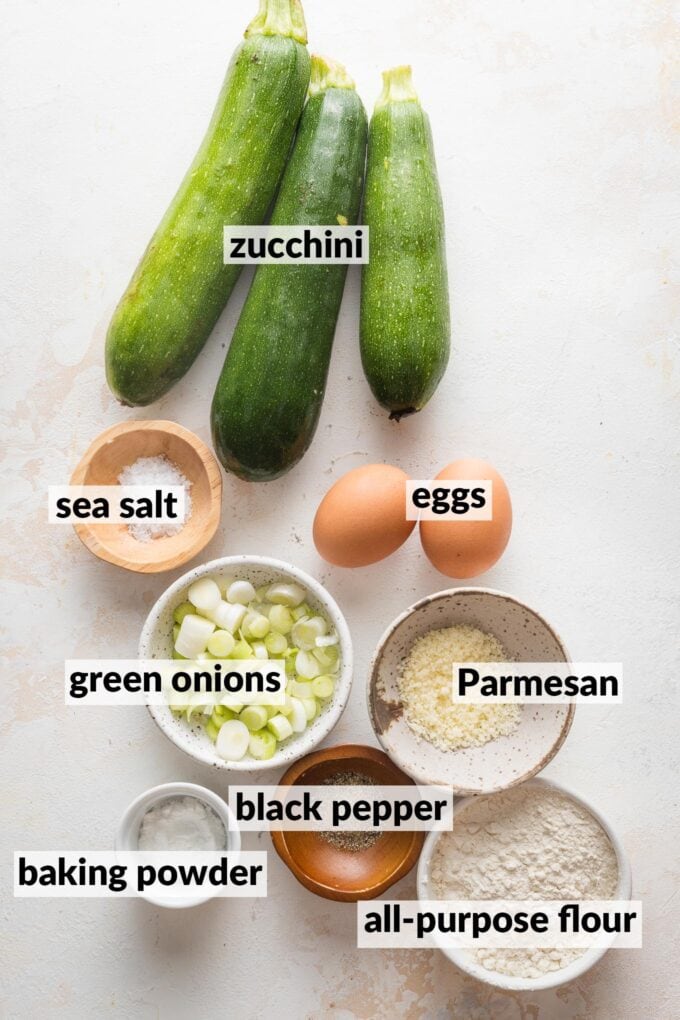 Labeled overhead photo of whole zucchini plants, two eggs, chopped green onions, Parmesan, all-purpose flour, baking powder, sea salt and black pepper, all in prep bowls and ready to cook.