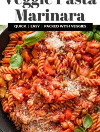 This restaurant-quality Veggie Marinara Pasta has a from-scratch sauce that comes together in a snap with tons of fresh produce and generous sprinkles of Parmesan cheese. This is the tastiest way to get your family eating their veggies! Add chickpeas for extra protein if you like.