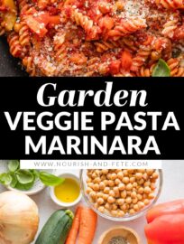 This restaurant-quality Veggie Marinara Pasta has a from-scratch sauce that comes together in a snap with tons of fresh produce and generous sprinkles of Parmesan cheese. This is the tastiest way to get your family eating their veggies! Add chickpeas for extra protein if you like.