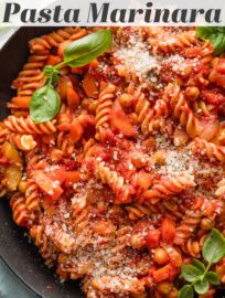 This restaurant-quality Veggie Marinara Pasta has a from-scratch sauce that comes together in a snap with tons of fresh produce and generous sprinkles of Parmesan cheese. This is the tastiest way to get your family eating their veggies! Add chickpeas for extra protein if you like.