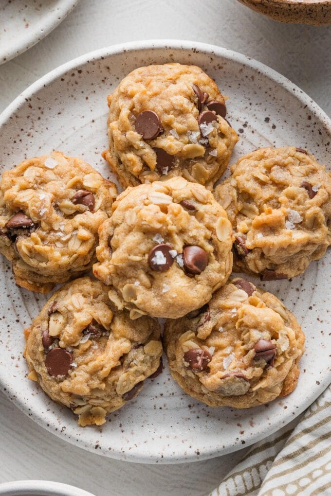 Mini chocolate chip oatmeal cookies plated for a small snack.