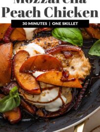 This flavorful and vibrant Peach Mozzarella Chicken is one of the first skillet dinners I crave when those late summer peaches start to hit! With tender pan-seared chicken, a tangy balsamic glaze, and plenty of plump fresh basil, this is a celebration of summer in one pan.