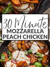 This flavorful and vibrant Peach Mozzarella Chicken is one of the first skillet dinners I crave when those late summer peaches start to hit! With tender pan-seared chicken, a tangy balsamic glaze, and plenty of plump fresh basil, this is a celebration of summer in one pan.
