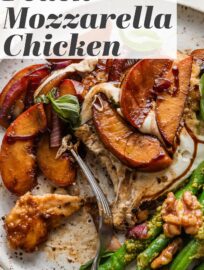 This flavorful and vibrant Peach Mozzarella Chicken is one of the first skillet dinners I crave when those late summer peaches start to hit! With tender pan-seared chicken, a tangy balsamic glaze, and plenty of plump fresh basil, this is a celebration of summer in one pan.