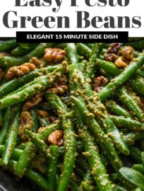Vibrant and flavorful, Pesto Green Beans are the ultimate side dish: a little elegant, still easy to make, and utterly delicious. Herbaceous pesto, a little lemon zest, and earthy toasted walnuts are the best way to take simple green beans up a notch.