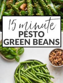 Vibrant and flavorful, Pesto Green Beans are the ultimate side dish: a little elegant, still easy to make, and utterly delicious. Herbaceous pesto, a little lemon zest, and earthy toasted walnuts are the best way to take simple green beans up a notch.