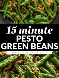 Vibrant and flavorful, Pesto Green Beans are the ultimate side dish: a little elegant, still easy to make, and utterly delicious. Herbaceous pesto, a little lemon zest, and earthy toasted walnuts are the best way to take simple green beans up a notch.