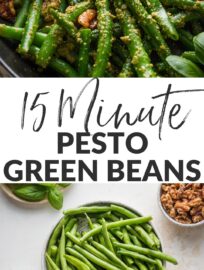Vibrant and flavorful, Pesto Green Beans are the ultimate side dish: a little elegant, still easy to make, and utterly delicious. Herbaceous pesto, a little lemon zest, and earthy toasted walnuts are the best way to take simple green beans up a notch.