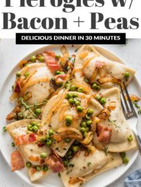 Pierogies with bacon, peas, and lightly caramelized onions are pure cozy comfort food and so easy to make! I love that this dish can flex effortlessly from an easy weeknight dinner to a holiday side dish, and satisfy the whole crowd along the way.