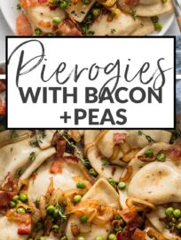 Pierogies with bacon, peas, and lightly caramelized onions are pure cozy comfort food and so easy to make! I love that this dish can flex effortlessly from an easy weeknight dinner to a holiday side dish, and satisfy the whole crowd along the way.