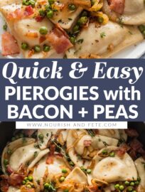 Pierogies with bacon, peas, and lightly caramelized onions are pure cozy comfort food and so easy to make! I love that this dish can flex effortlessly from an easy weeknight dinner to a holiday side dish, and satisfy the whole crowd along the way.