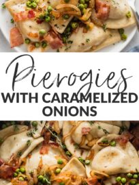 Pierogies with bacon, peas, and lightly caramelized onions are pure cozy comfort food and so easy to make! I love that this dish can flex effortlessly from an easy weeknight dinner to a holiday side dish, and satisfy the whole crowd along the way.