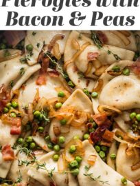 Pierogies with bacon, peas, and lightly caramelized onions are pure cozy comfort food and so easy to make! I love that this dish can flex effortlessly from an easy weeknight dinner to a holiday side dish, and satisfy the whole crowd along the way.