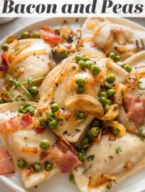 Pierogies with bacon, peas, and lightly caramelized onions are pure cozy comfort food and so easy to make! I love that this dish can flex effortlessly from an easy weeknight dinner to a holiday side dish, and satisfy the whole crowd along the way.