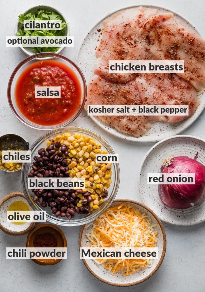 Labeled overhead photo of chicken breasts seasoned with chili powder, salt, and pepper; salsa; black beans; corn; green chiles; shredded Mexican cheese; red onion, and fresh cilantro.