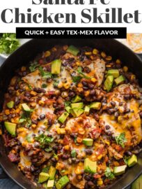 Whip up this Santa Fe Chicken skillet for an easy 30-minute, one-pan meal everyone can get excited about. Tender Southwest-seasoned chicken is pan-seared then nestled in a delicious mixture of salsa, black beans, and corn, with cheese melted on top. Flavorful and satisfying!