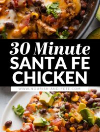 Whip up this Santa Fe Chicken skillet for an easy 30-minute, one-pan meal everyone can get excited about. Tender Southwest-seasoned chicken is pan-seared then nestled in a delicious mixture of salsa, black beans, and corn, with cheese melted on top. Flavorful and satisfying!