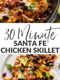 Whip up this Santa Fe Chicken skillet for an easy 30-minute, one-pan meal everyone can get excited about. Tender Southwest-seasoned chicken is pan-seared then nestled in a delicious mixture of salsa, black beans, and corn, with cheese melted on top. Flavorful and satisfying!