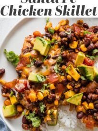 Whip up this Santa Fe Chicken skillet for an easy 30-minute, one-pan meal everyone can get excited about. Tender Southwest-seasoned chicken is pan-seared then nestled in a delicious mixture of salsa, black beans, and corn, with cheese melted on top. Flavorful and satisfying!