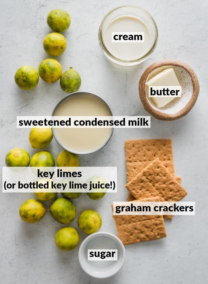 Labeled overhead photo of an open can of sweetened condensed milk, key limes, a pat of butter, granulated sugar, heavy cream, and graham crackers.