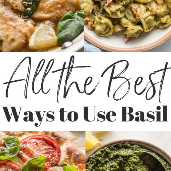 Composite image of four recipes that use basil - lemon basil chicken, creamy pesto tortellini, Caprese flatbreads, and a simple basil pesto with lemon zest - with the words "All the best ways to use basil" superimposed.
