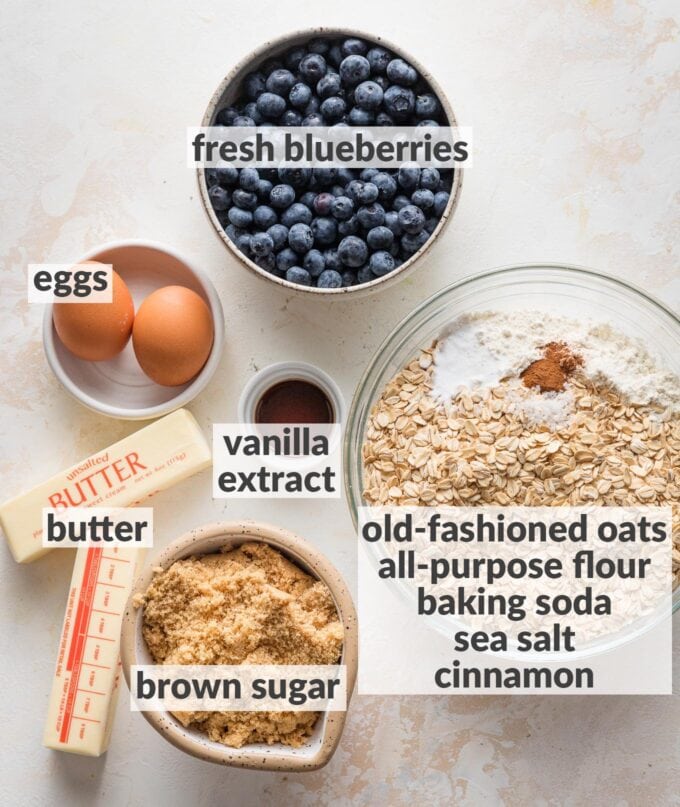 Labeled overhead photo of cookie ingredients -- flour, oats, baking soda, cinnamon, brown sugar, eggs, butter, vanilla, and blueberries -- all measured into prep bowls and ready to bake.
