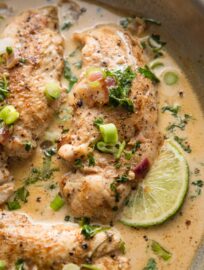 This Creamy Cilantro Lime Chicken skillet is a 30 minute, one-pan meal with major Southwest-inspired flavor and the most delicious light cream sauce. This is a family favorite quick weeknight dinner!