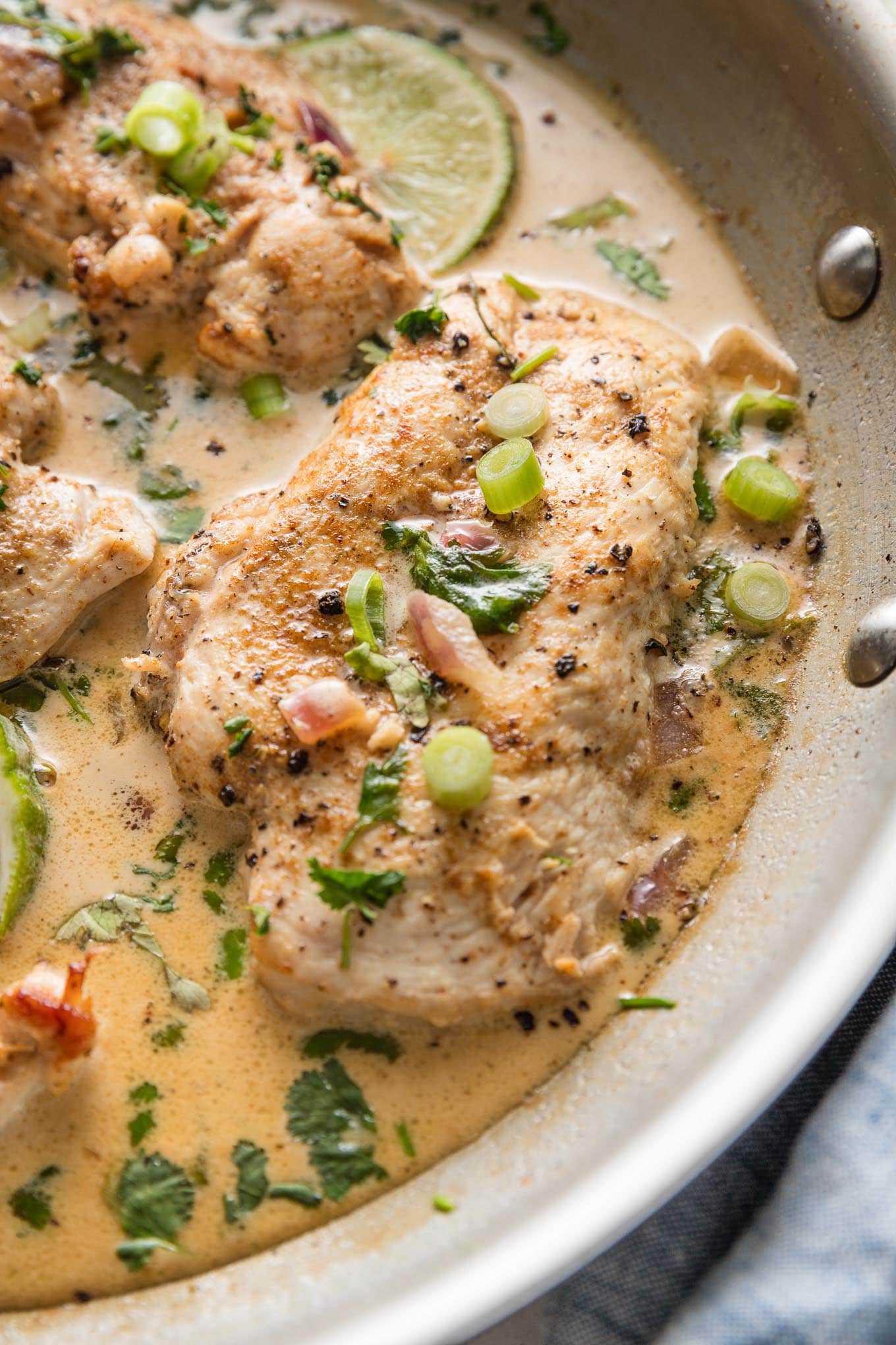 Close up of a chicken breast in creamy cilantro lime sauce with red onions and green onions for garnish.