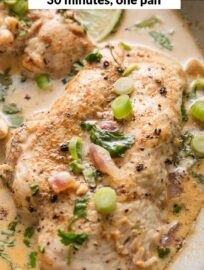 This Creamy Cilantro Lime Chicken skillet is a 30 minute, one-pan meal with major Southwest-inspired flavor and the most delicious light cream sauce. This is a family favorite quick weeknight dinner!