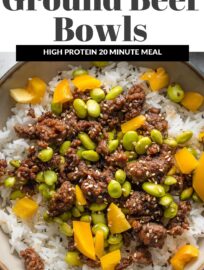 These Ground Beef Bowls with edamame, bell pepper, and rice are one of my favorite dinners that can be made in about 20 minutes yet is totally filling and delicious. Better yet, you can keep most of the ingredients stocked in the freezer or pantry for an ultra-fast emergency dinner anytime that you need.